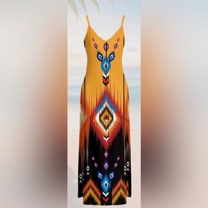 Boho Aztec Tribal Print Slip Maxi Dress Yellow Spaghetti Strap Size Small